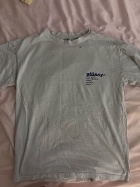 Stussy White T-Shirt with Blue Logo and strawberry in the back (READ DESC)